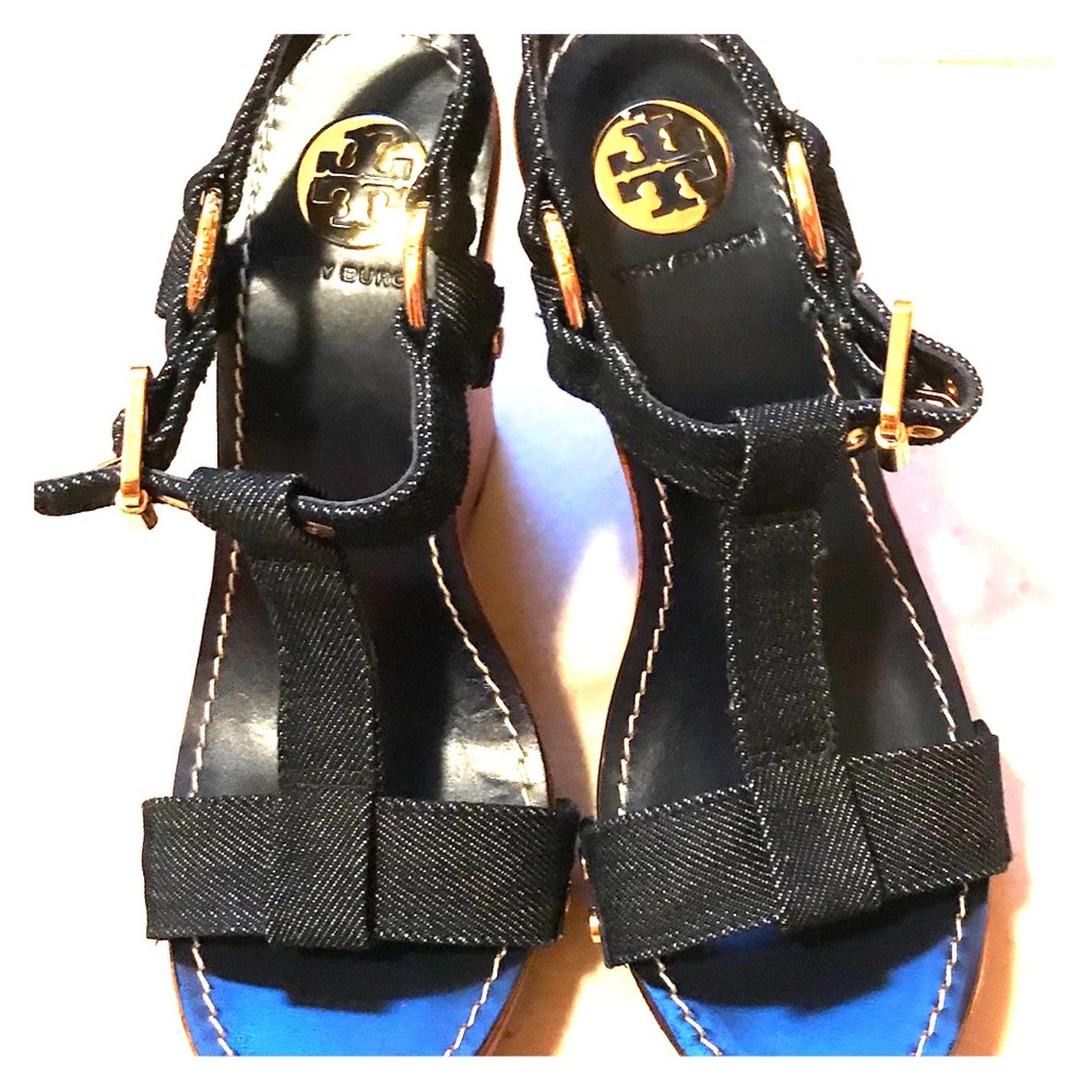 NWOT Tory Burch denim wedges gold hardware 8.5M